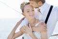 Happy bride and groom on a yacht Royalty Free Stock Photo