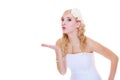 Happy bride in white dress sending air kiss Royalty Free Stock Photo