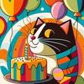 One happy bright colored black cat with happy eyes birthday cake, candles hat and balloons