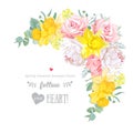 Happy bright floral vector frame with peony, rose, narcissus, carnation, eucaliptus on white.