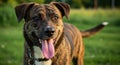 Happy Brindle Dog in Green Grass Royalty Free Stock Photo