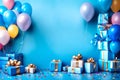 Happy Brithday blue background with balloons and gifts