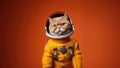 Happy British Shorthair Cat Dressed As An Astronaut On Orange Color Background