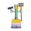 Happy broom cartoon illustration holding broom