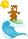 Happy brown bear cartoon surfing