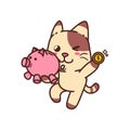 Happy Brown Cat investment money piggy bank Cartoon Doodle Cute Adorable Vector Illustration Character Flat Design Sticker