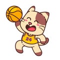 Happy Brown Cat Play Basketball Sport cartoon doodle vector illustration flat design Royalty Free Stock Photo