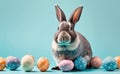 A happy brown Easter bunny with many colorful easter eggs, an isolated pastel blue background, copy space, generative AI