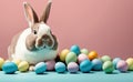 A happy brown Easter bunny with many colorful easter eggs, an isolated pastel blue background, copy space, generative AI