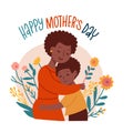 Happy brown kid boy hugging his mom. Happy mother's day greeting catd template. Black woman cuddling her child. Flat