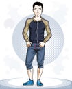 Happy brunet young man standing. Vector character wearing sport clothes, healthy lifestyle and fitness theme