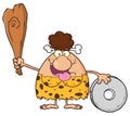 Happy Brunette Cave Woman Cartoon Mascot Character Holding A Club And Showing Wheel