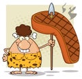 Happy Brunette Cave Woman Cartoon Mascot Character Holding A Spear With Big Grilled Steak.