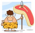 Happy Brunette Cave Woman Cartoon Mascot Character Holding A Spear With Big Raw Steak