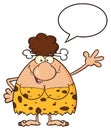 Happy Brunette Cave Woman Cartoon Mascot Character Talking And Waving For Greeting
