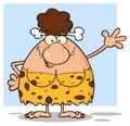 Happy Brunette Cave Woman Cartoon Mascot Character Waving For Greeting.