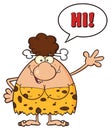 Happy Brunette Cave Woman Cartoon Mascot Character Waving And Saying Hi