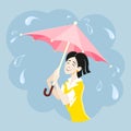 Happy brunette girl with pink umbrella under raindrops