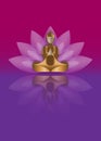 Happy Buddha Purnima Vesak, Buddhist festival, Golden Buddha sitting on a lotus flower in meditation on purple