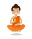 Happy Buddha sitting in lotus pose. Funny cartoon vector illustration