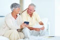 Happy budgeting. Cheerful mature couple calculating domestic budget while sitting on couch. Royalty Free Stock Photo