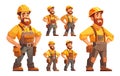 Happy builder cartoon style vector set. Male character bearded man, helmet jumpsuit accessories, positive cute