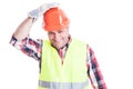 Happy builder holding hand on helmet Royalty Free Stock Photo