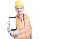 Happy builder showing a blank smart phone screen