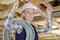 happy builder woman with cables Royalty Free Stock Photo