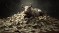 A happy bull in a business suit lies on a huge pile of money. Generative ai