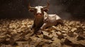 A happy bull in a business suit lies on a huge pile of money. Generative ai