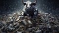 A happy bull in a business suit lies on a huge pile of money. Generative ai