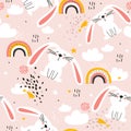 Colorful seamless pattern with happy bunnies, rainbow, sky. Decorative cute background with funny animals