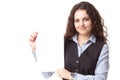 happy busines woman holding a blank sign in front of her