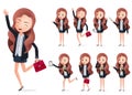 Happy business character female vector set. Business woman professional character happy standing, running and presenting. Royalty Free Stock Photo