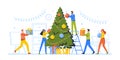 Happy Business Characters Decorate Christmas Tree Together in Office, Prepare for Winter Holidays Celebration. Royalty Free Stock Photo