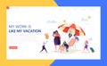 Happy Business Characters Vacation Landing Page. Office Manager Relax with Tropical Cocktail on Summer Holiday Resort