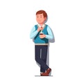 Happy business clerk standing leaning against wall