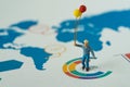 happy business concept as miniature man holding balloons standing at the center of analysis infographic circle chart paper