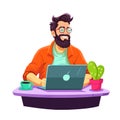 Happy Business man at the desktop with a laptop. Freelancer or office worker.