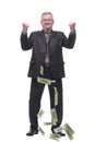 Happy business man with dollars coming down Royalty Free Stock Photo