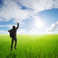 Happy business man jumping in green rice field and clouds sky Royalty Free Stock Photo