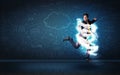 Happy business man jumping with storm cloud around him Royalty Free Stock Photo