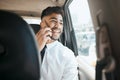 Happy business man, phone call and driving in car for communication, mobile networking and chat. Indian male worker Royalty Free Stock Photo