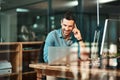 Happy business man, phone call and laptop in office for conversation, communication and contact for planning. Male Royalty Free Stock Photo