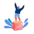 Happy Business Man Stand on Top of Rising Diagram Column Chart Waving Hands. Worker with Most Great Financial Results Royalty Free Stock Photo