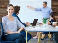 Happy business meeting, portrait and office woman listening to speaker presentation, report or training workshop Royalty Free Stock Photo