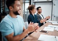 Happy, business people and applause in meeting for presentation, growth or team seminar at the office. Group of Royalty Free Stock Photo