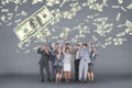 Happy business people with money rain against grey background