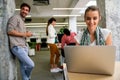 Happy business people, office colleagues having discussion during meeting in conference room. Royalty Free Stock Photo